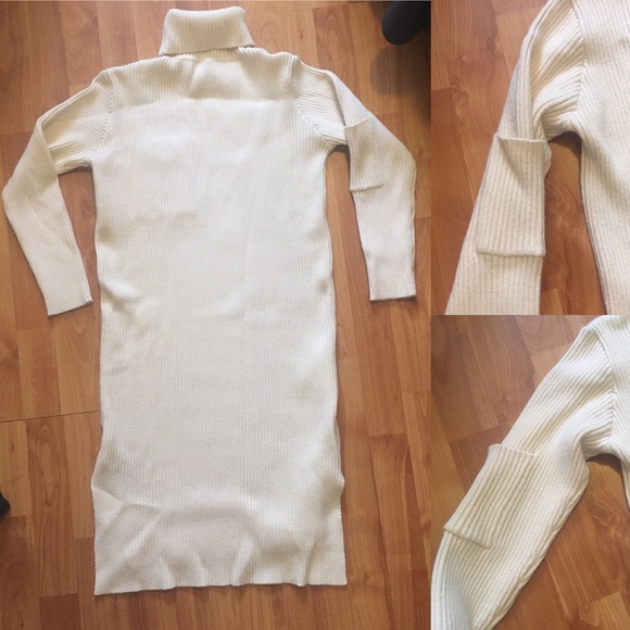 Cream Ribbed Sweater Dress w/Turtleneck 3/4 Sleeve - Picture 2 of 16